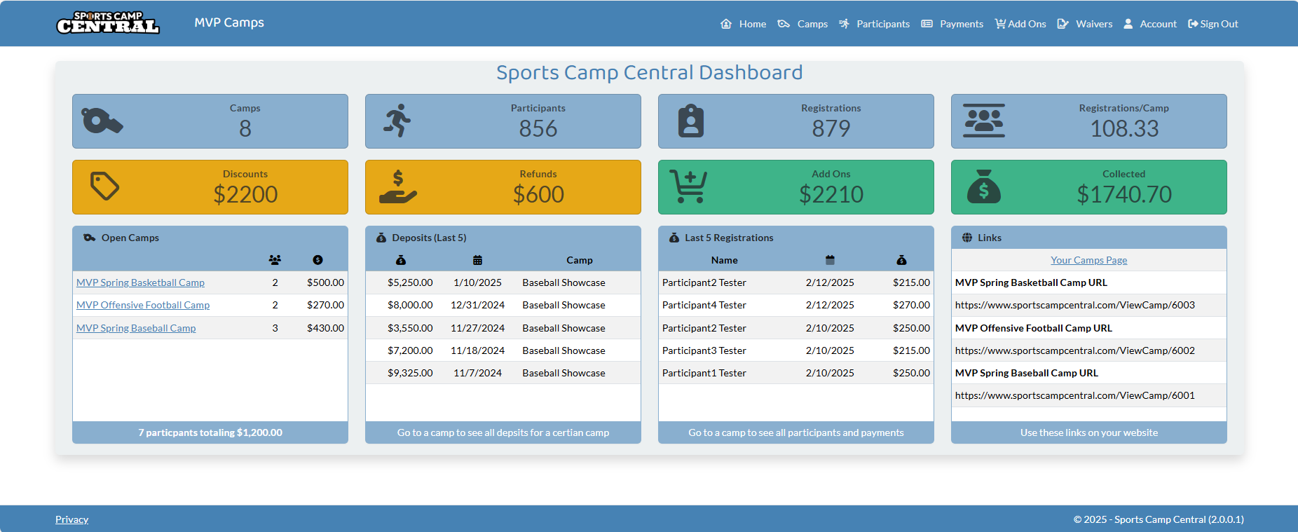 Sports Camp Central coach dashboard showing camp management features